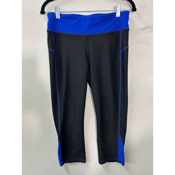 Xersion Capri Leggings Womens Medium‎ Fitted Yoga Stretch Black Blue Trim - Picture 1 of 12